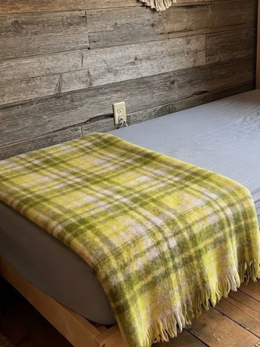 Vintage Glentana Mohair Wool Plaid Blanket Made in Scotland Fringe Throw Green
